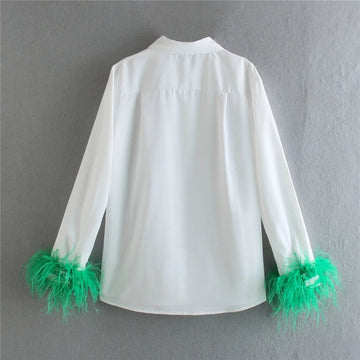 Yipinpay White Shirt Woman Long Sleeve Green Feather Top Party Elegant Female Blouses Fashion Collared Button Up Women Shirt